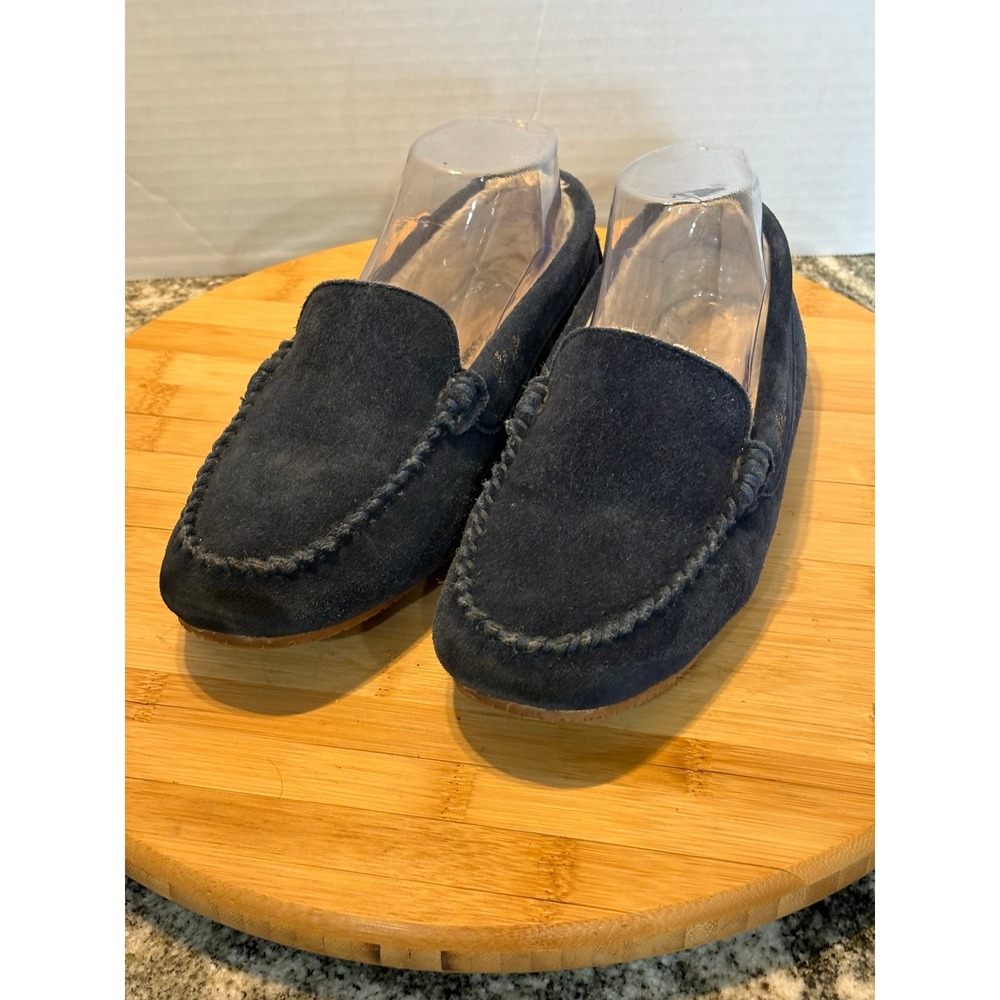 Lands End Womens Navy Blue Suede Moccasin Slippers Faux Fur Lined Size 7